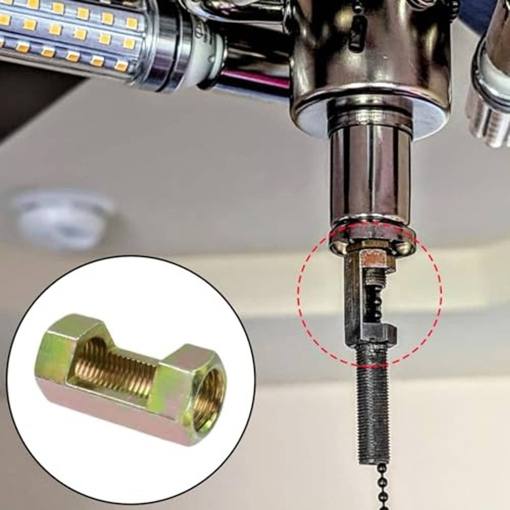 Hex coupling nut connector with M10 female thread, fastened onto a threaded rod