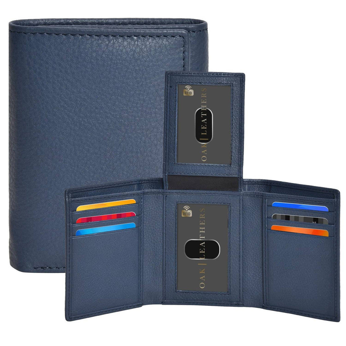 Blue real leather trifold wallet with card slots and ID window, RFID tag attached