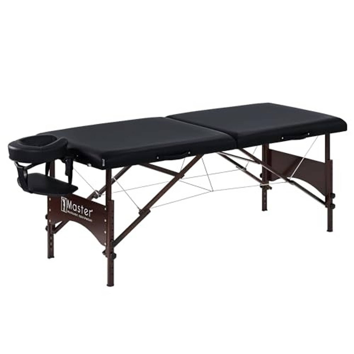 Portable massage table with two-section black cushioned top and face opening