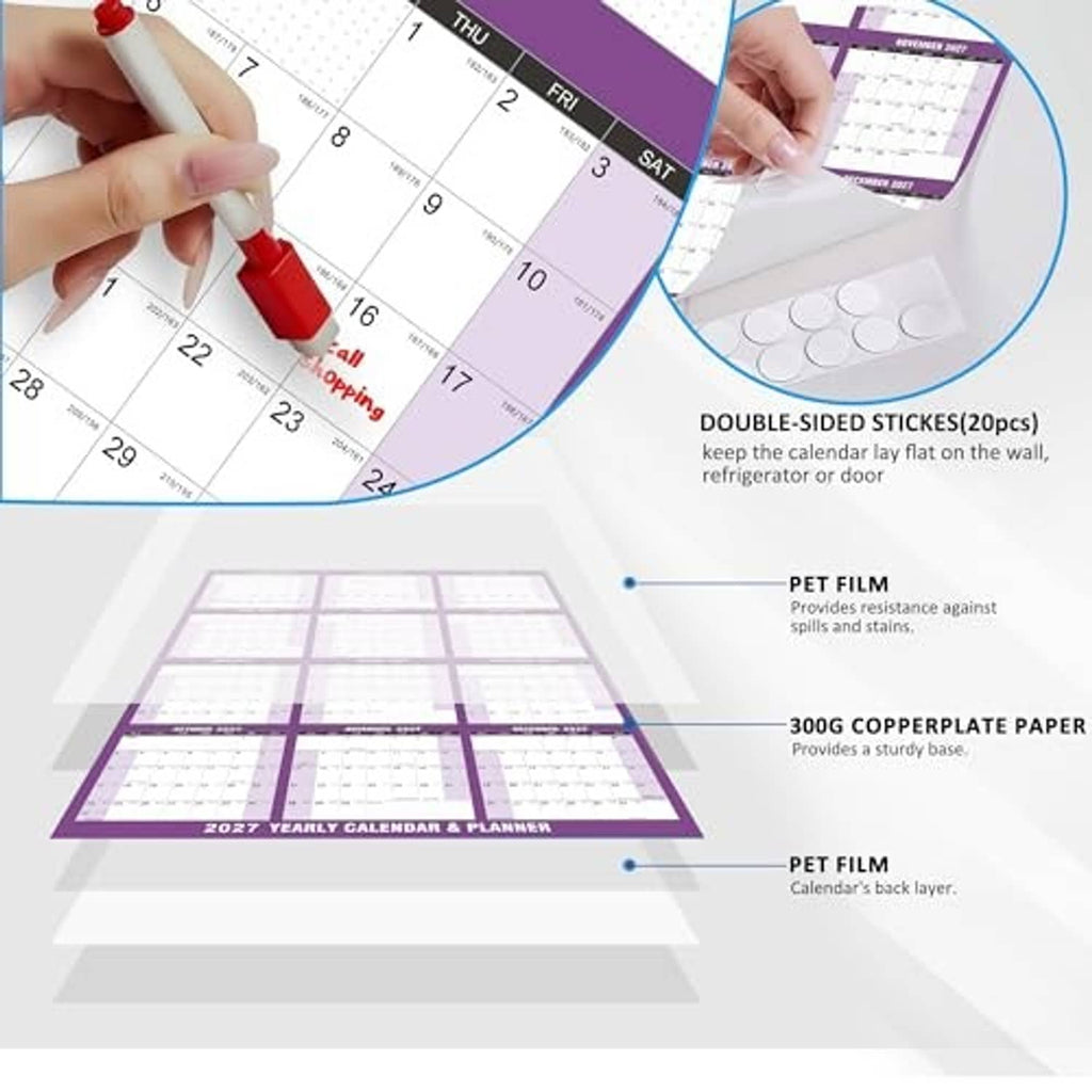 Purple 2027 calendar planner close-up with erasable marker and sticker inserts