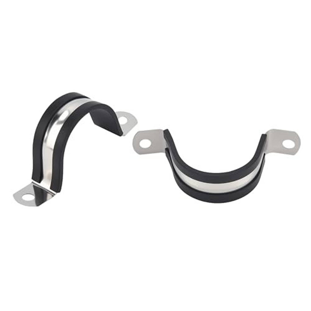 Pair of black rubber-cushioned U pipe clamps with two-hole galvanized mounting plates