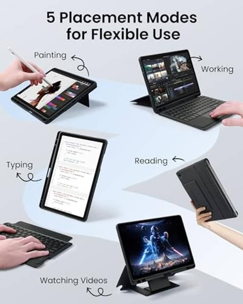 Smart trackpad keyboard case with keyboard and tablet positioned for typing, reading, and watching