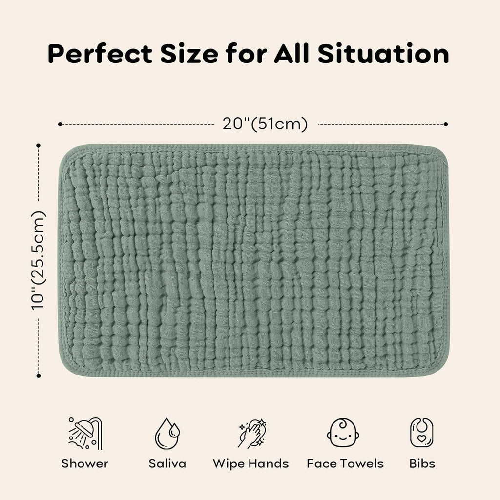 Sage green muslin burp cloth, rectangular size 20 x 10 in with rounded corners