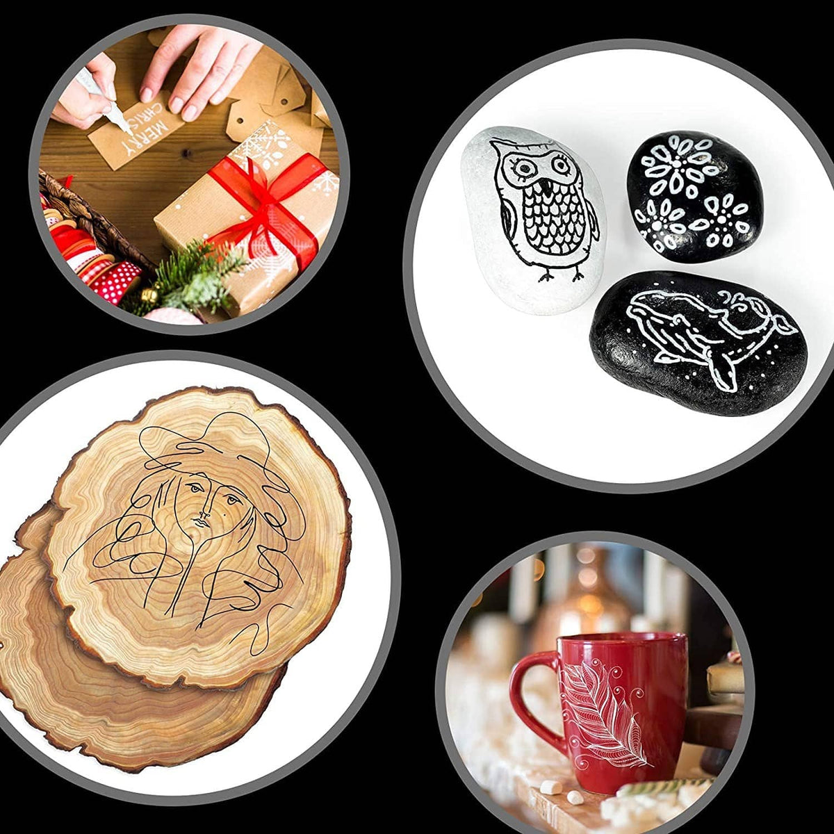 Paint pen artwork on rocks and wood slices, including owl and heart designs