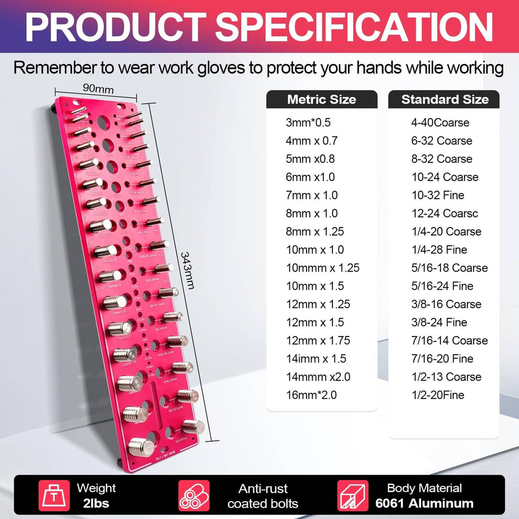 Red thread checker tool with size chart beside the pin and socket gauges