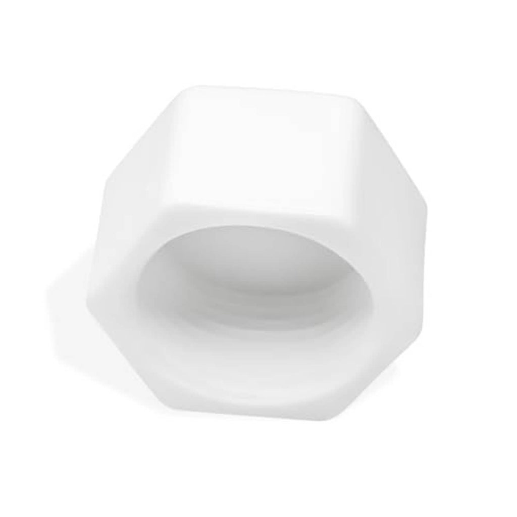 White PVC threaded pipe plug end cap, hex shape with circular opening