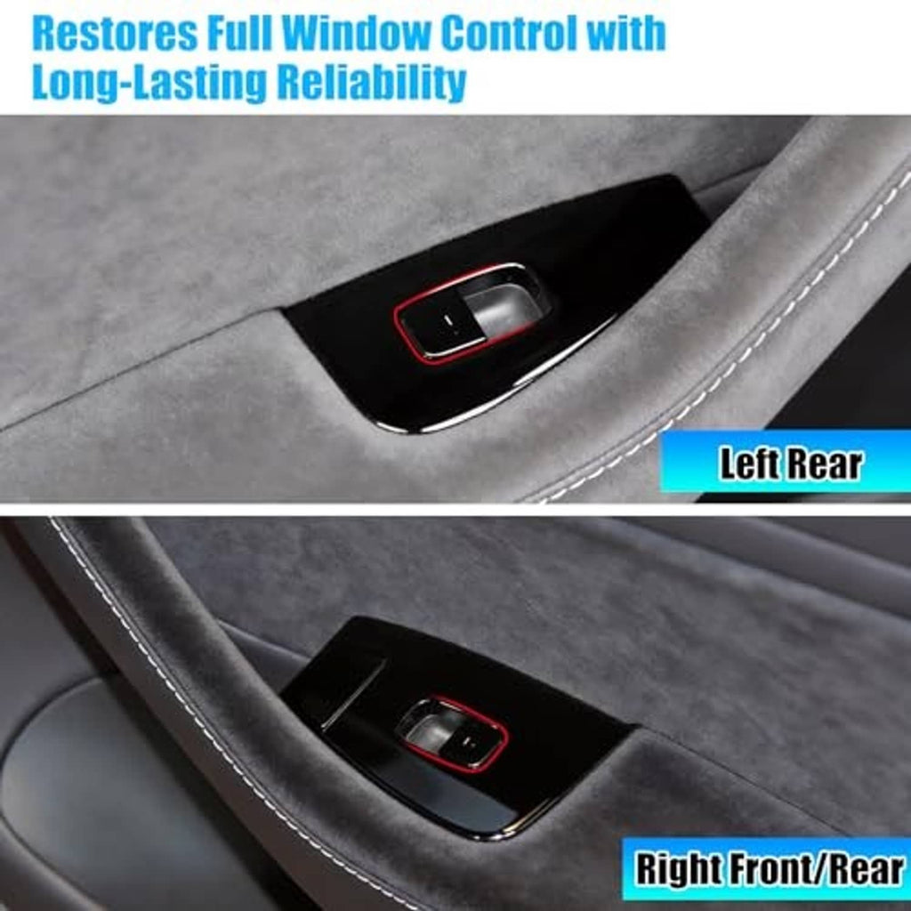 Power window switch with red outline rocker on dark door trim, two-side view