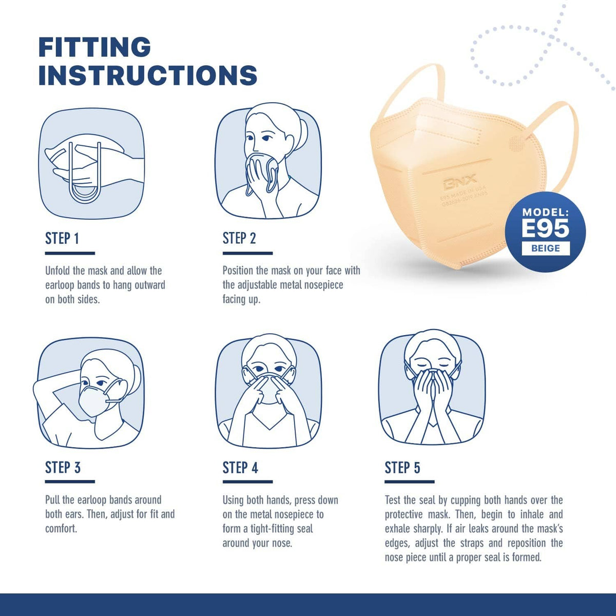 Beige KN95 mask fitting instructions graphic with adjustable ear straps