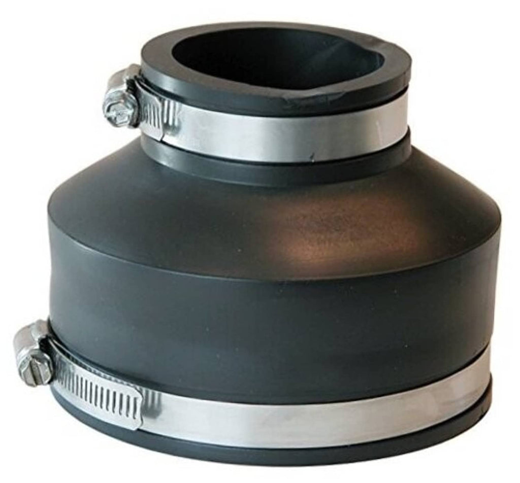 Black flexible PVC reducing coupling with metal clamps and wide top opening