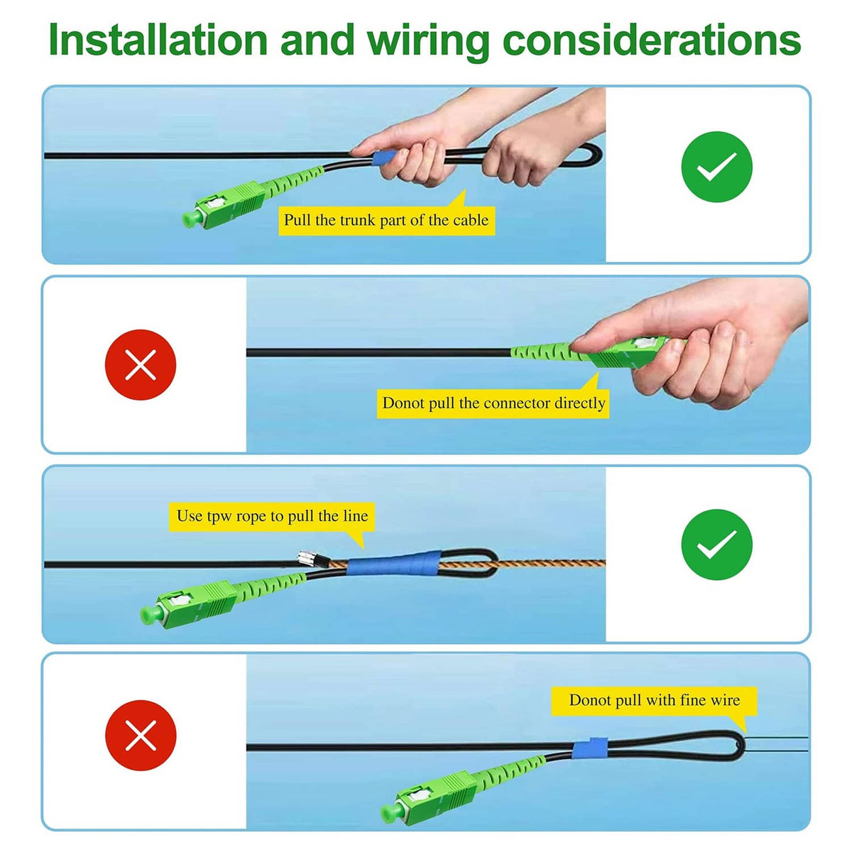 Black armored fiber optic cable with green SC/APC ends shown for proper installation