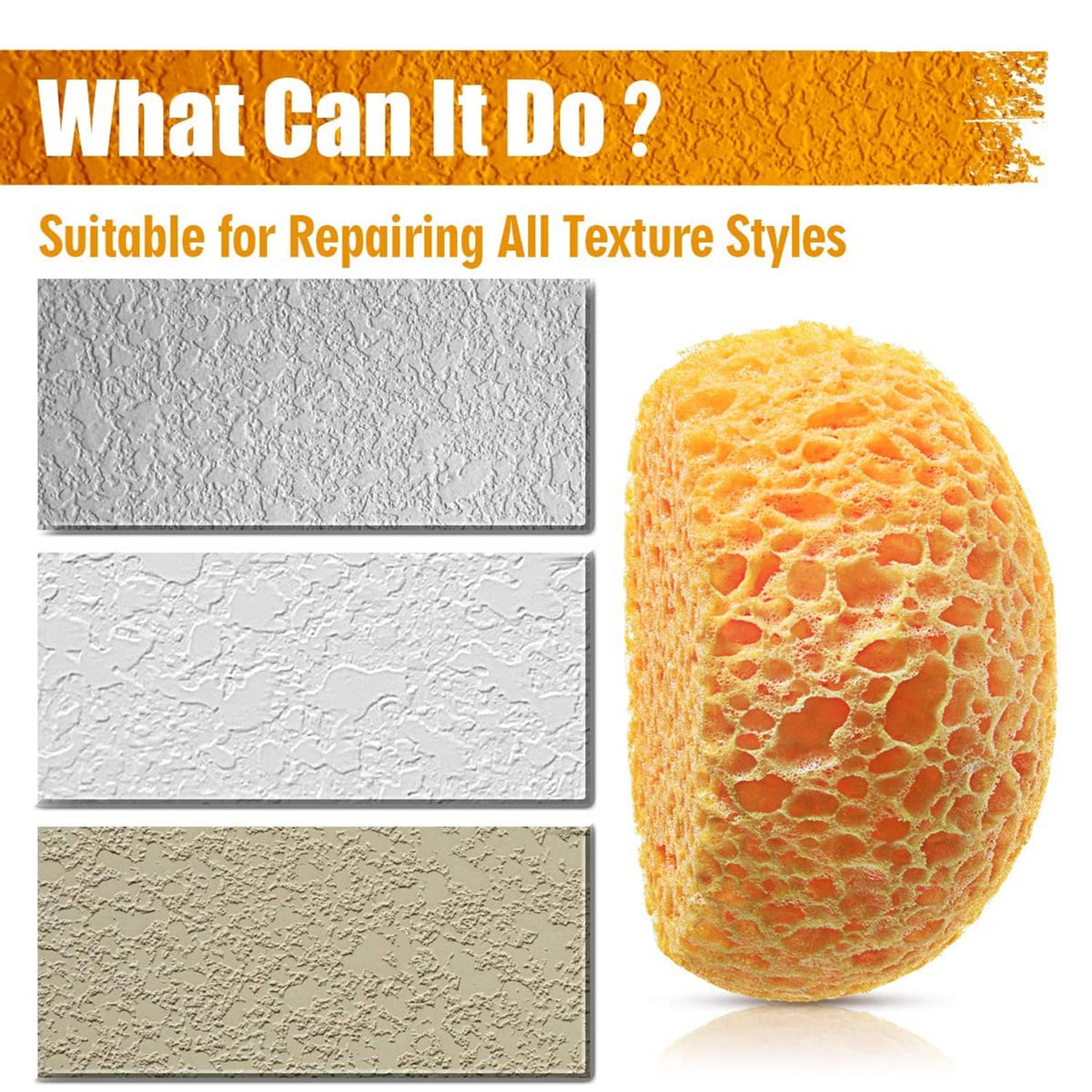 Orange round knockdown texture sponge beside wall texture samples