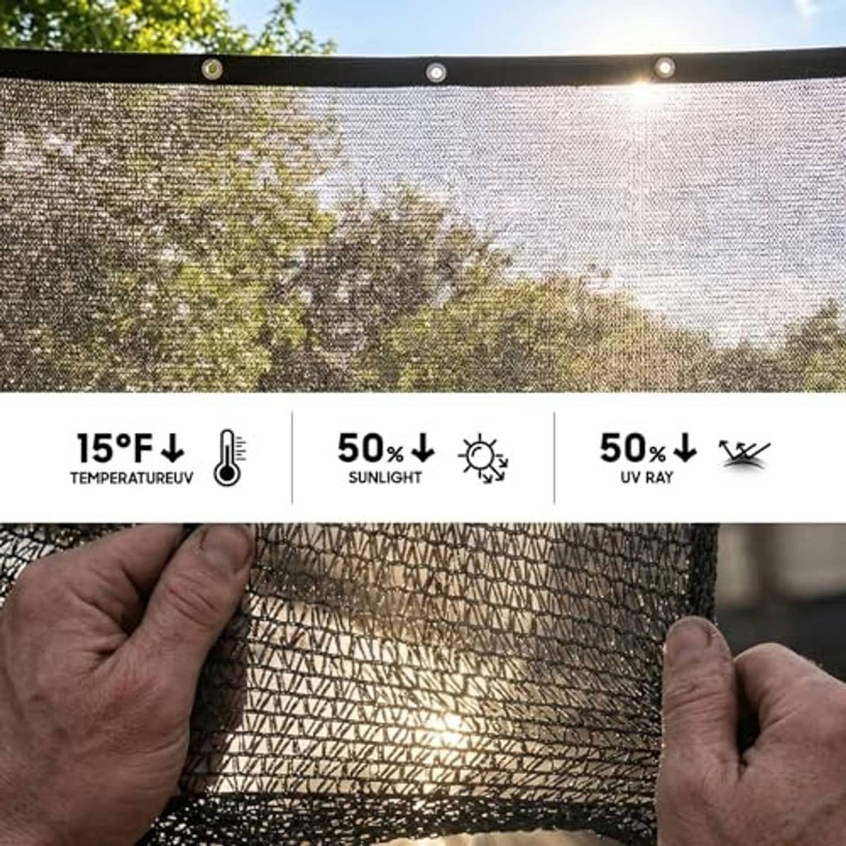 Black 50% mesh shade cloth tarp held taut, showing woven texture