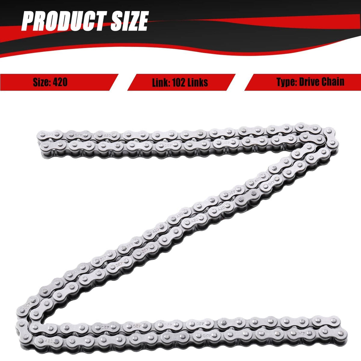 Silver 420 drive chain, 102 links shown as straight length