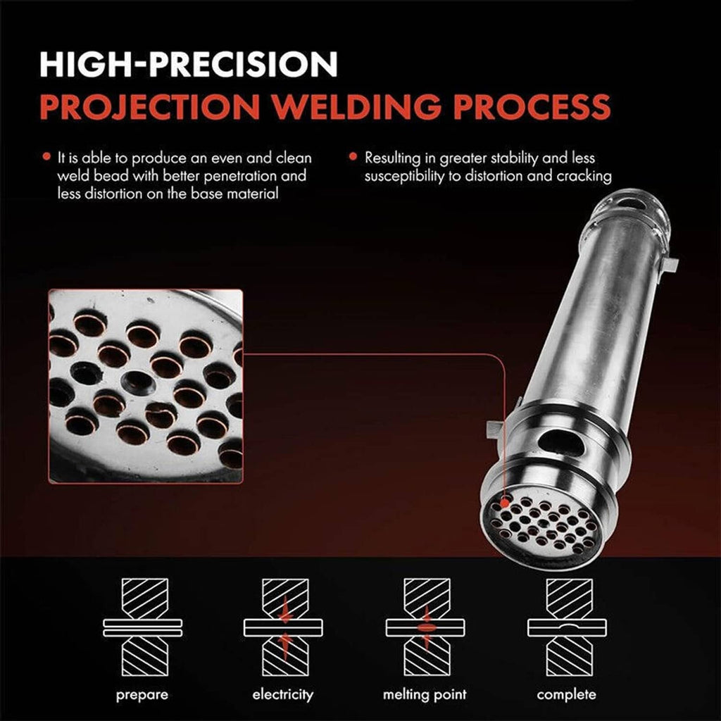 Oil cooler projection welding process graphic with stainless tube and end mesh