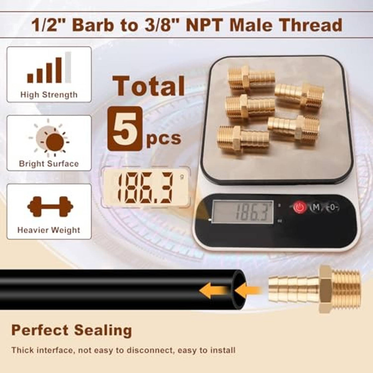 Five-piece brass hose barb to male NPT adapter set with grooved barbs and threads