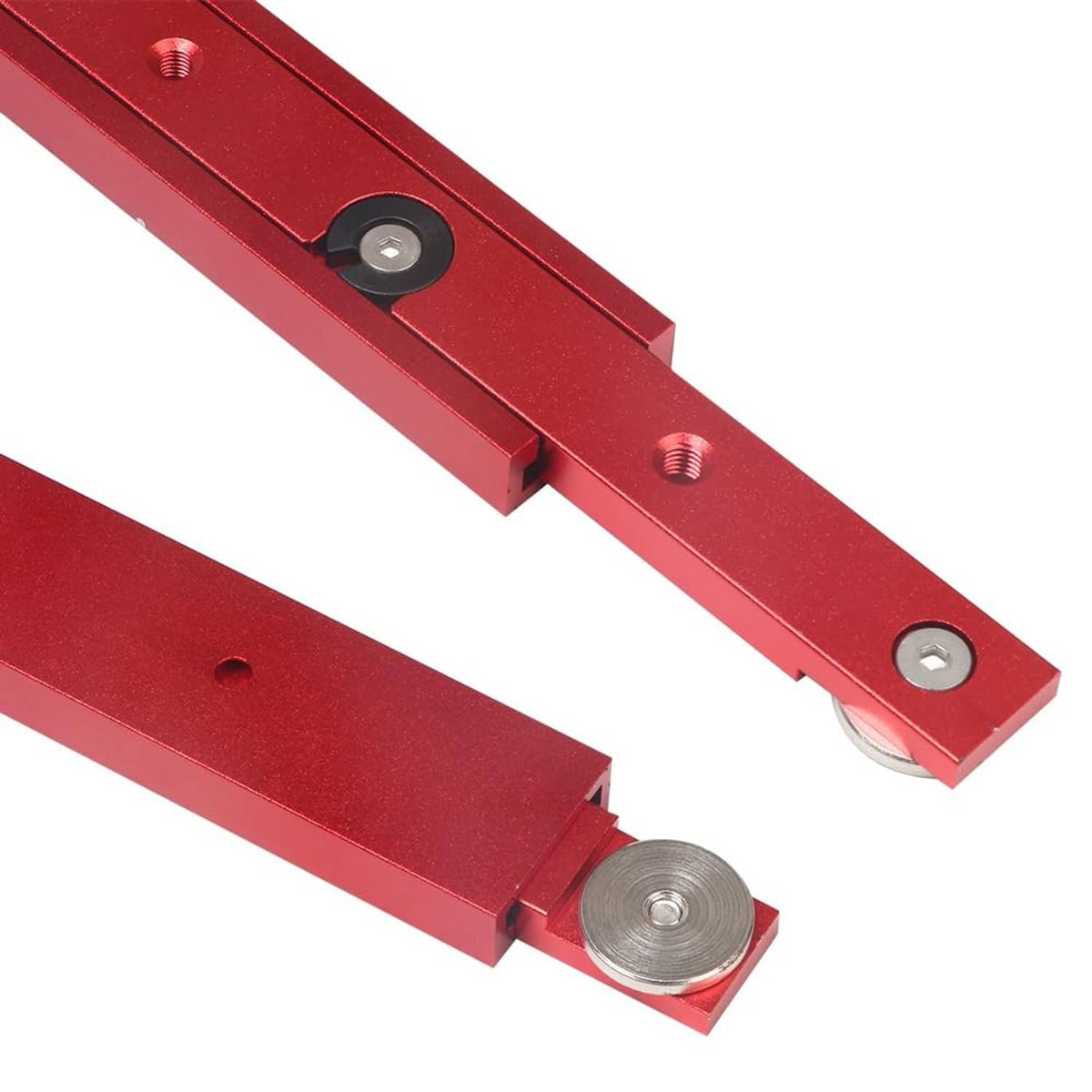 Red aluminum miter bar clamp with threaded holes and round wheel end