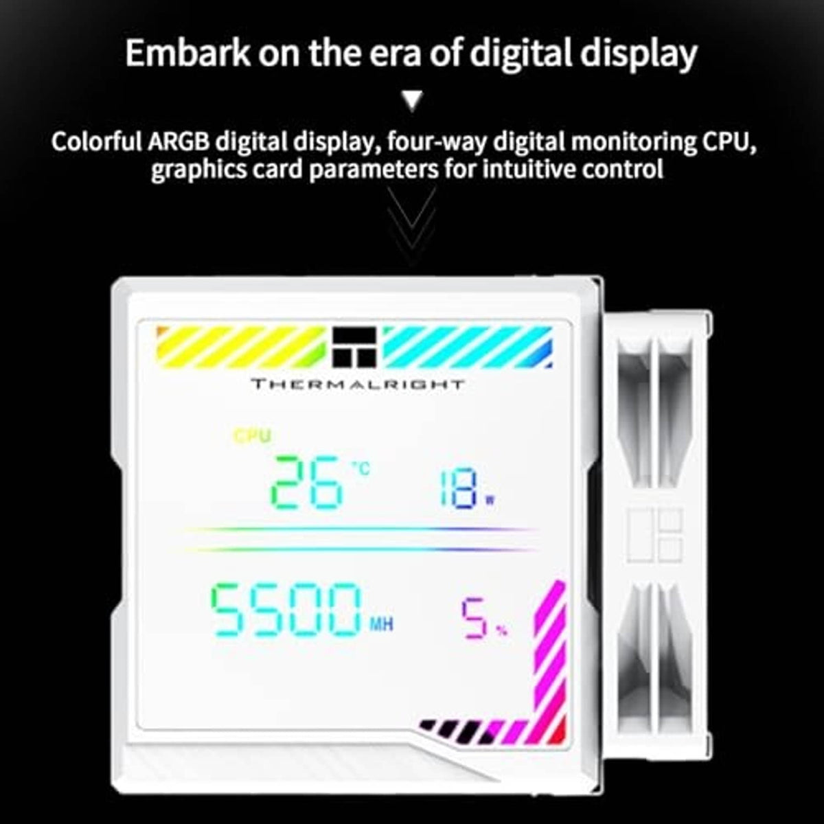 White CPU air cooler with top digital display panel showing colorful ARGB readouts