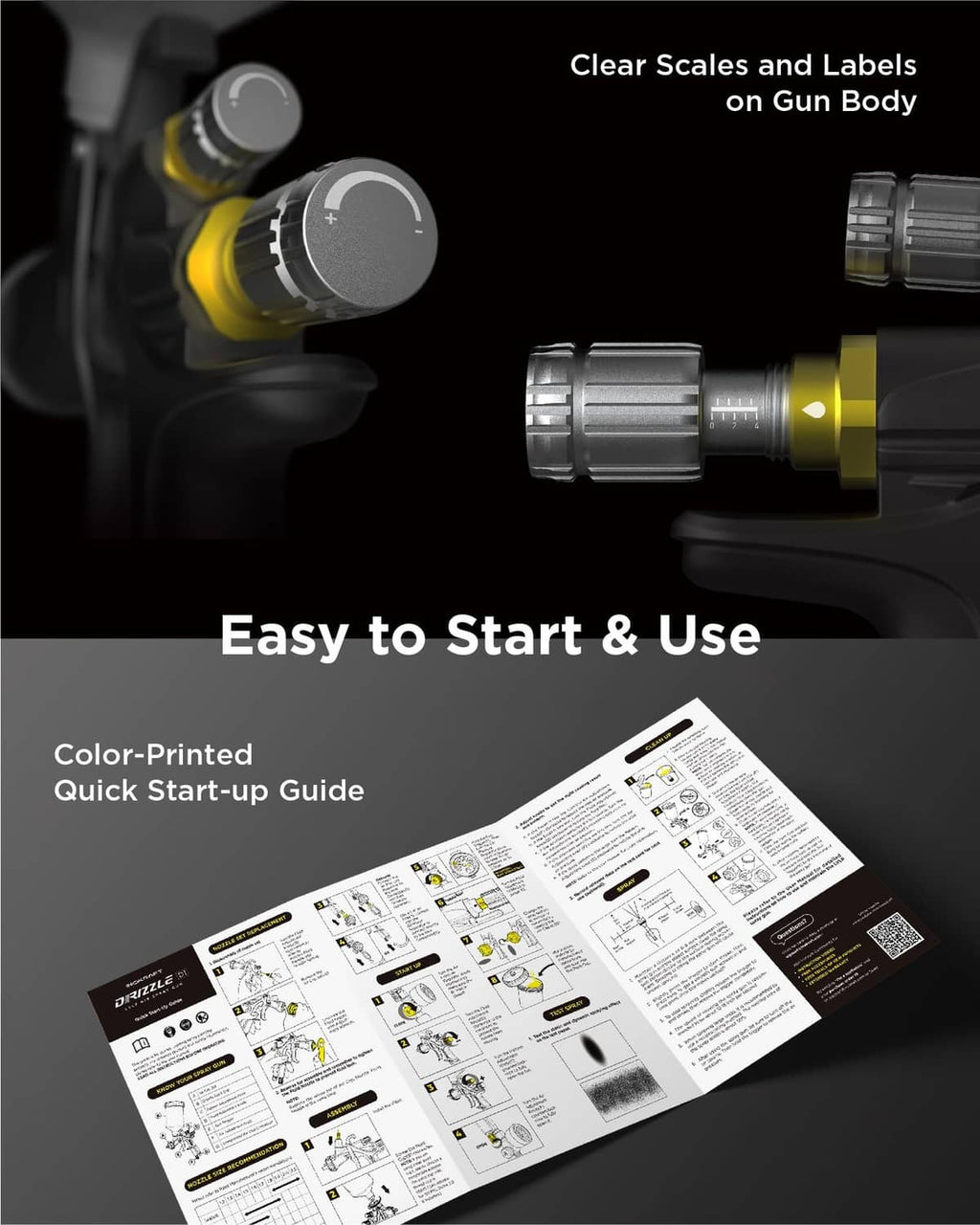 Air spray gun with color-coded control knobs and attached quick-start instruction sheet