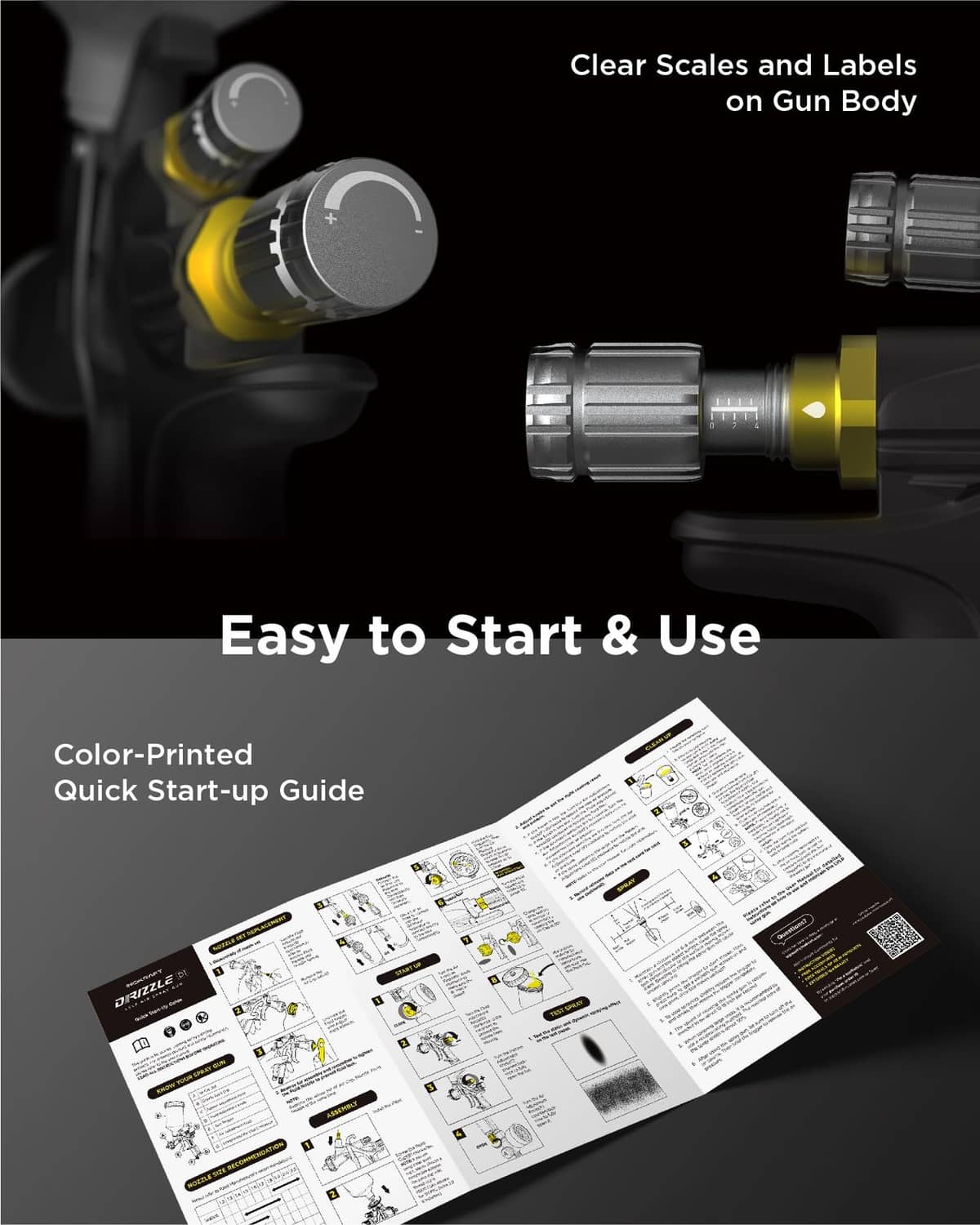 Air spray gun with color-coded control knobs and attached quick-start instruction sheet