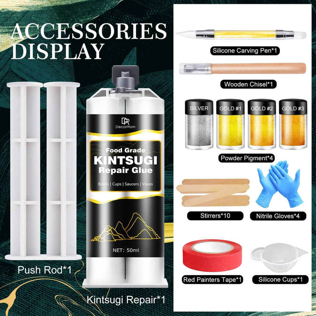 Kintsugi repair kit accessories display: glue bottle, chisels, powder jars, cups, gloves
