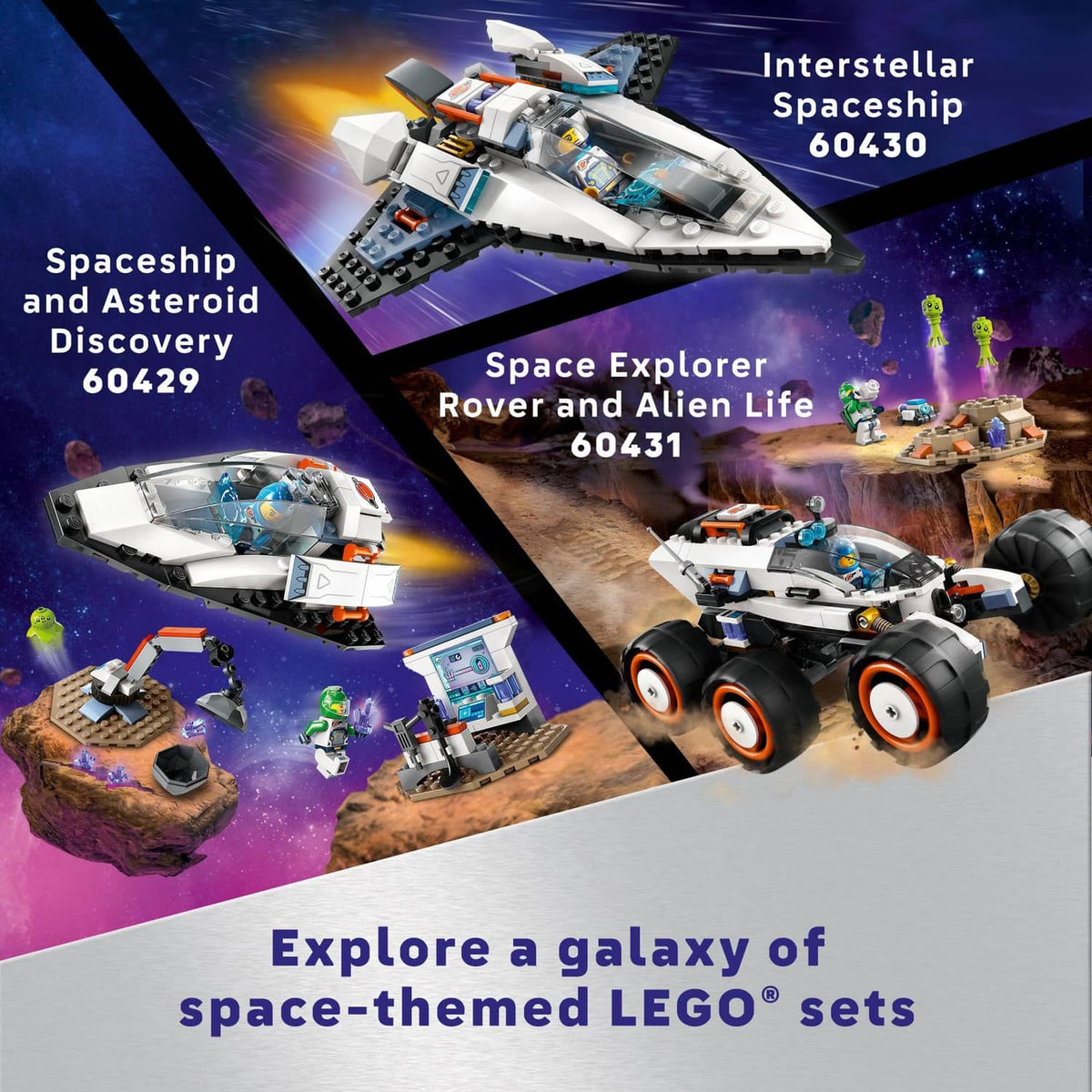 Space LEGO set featuring an interstellar spaceship model, rover-style vehicle, and minifigures
