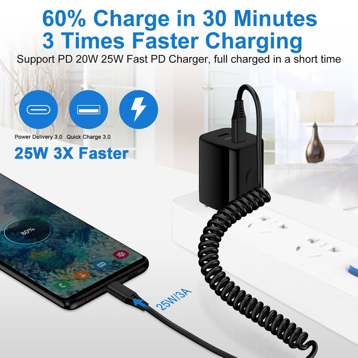 Black USB-C to USB-C coiled cable with compact charger plug and USB-C connectors