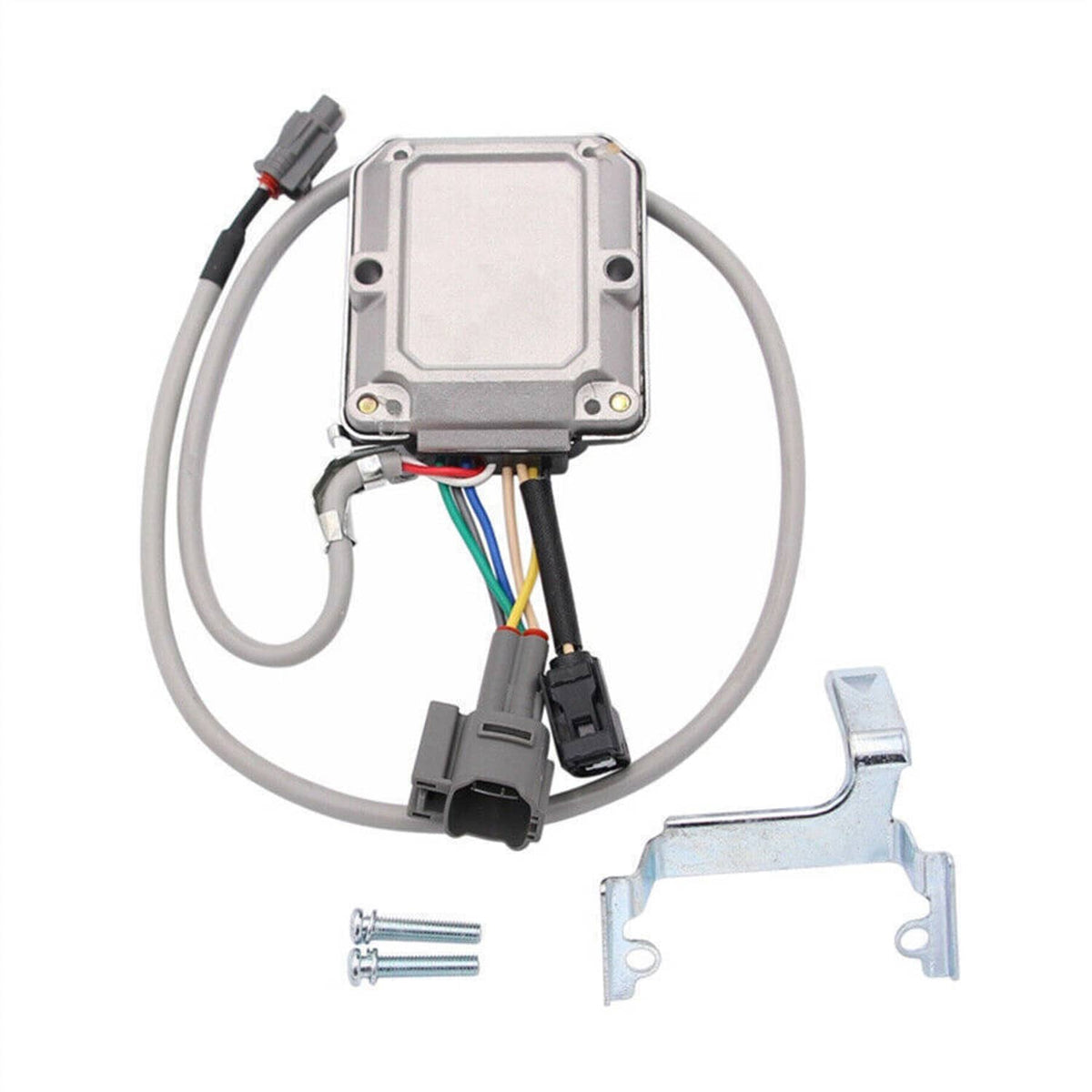 Ignition module assembly with gray wiring harness, black connectors, and mounting bracket