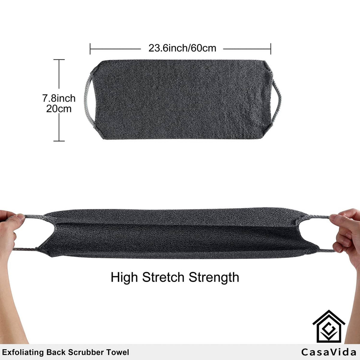 Dark gray exfoliating back scrubber towel with stretchy looped sides