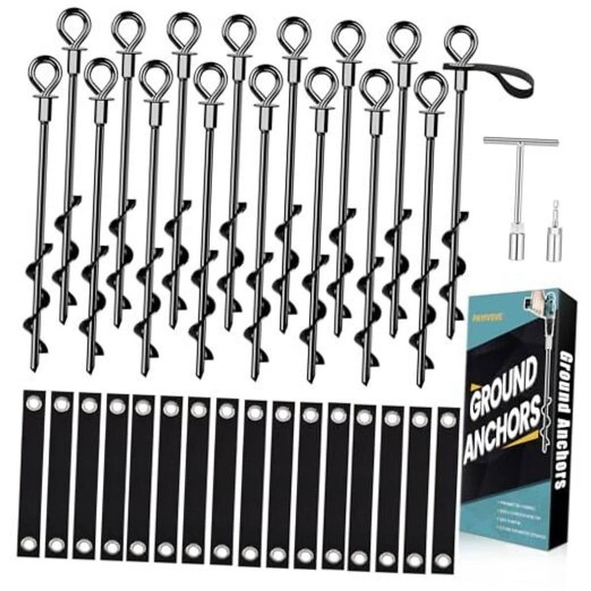 Black screw-in ground anchors with loop eyebolts, strap, and 16-piece hardware set