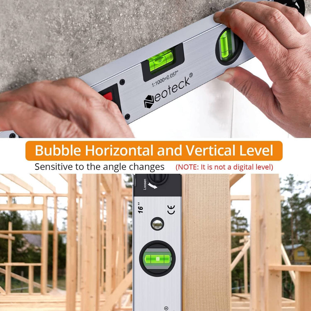 Digital angle level with green bubble vials and LCD angle readout for alignment