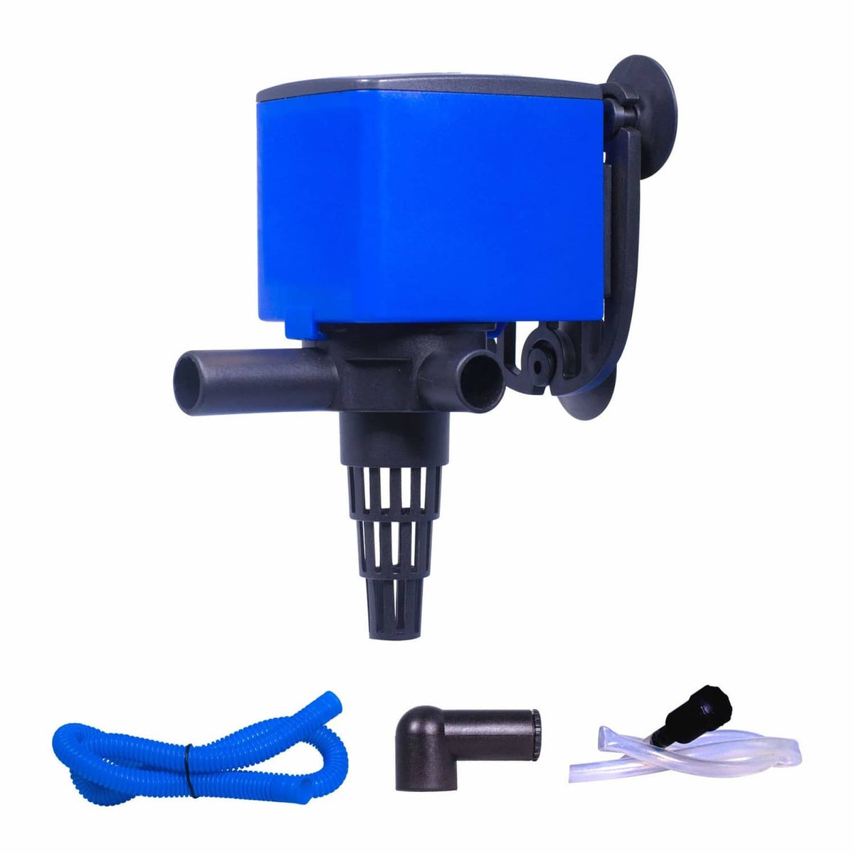 Submersible aquarium powerhead pump with blue housing and black intake outlet, includes power cord