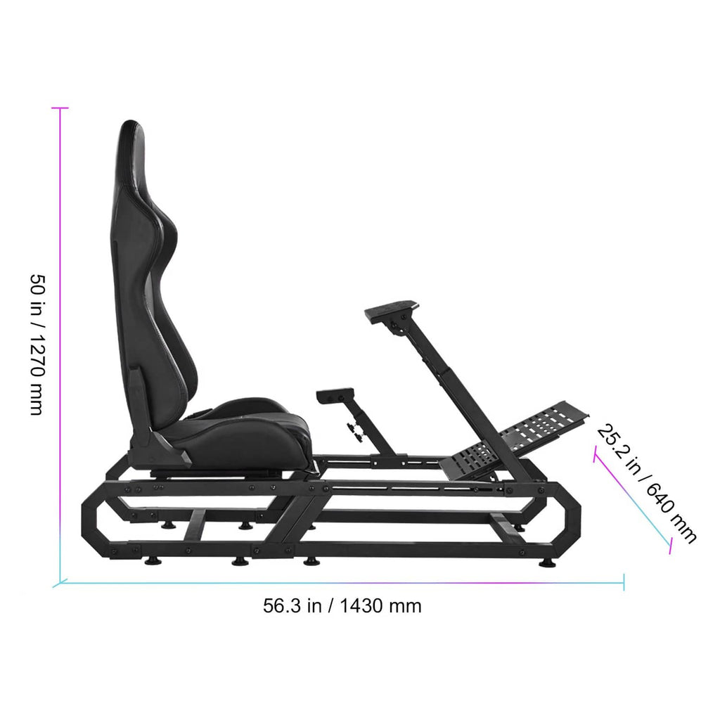 Side view size diagram of a black racing simulator steering wheel stand and seat.