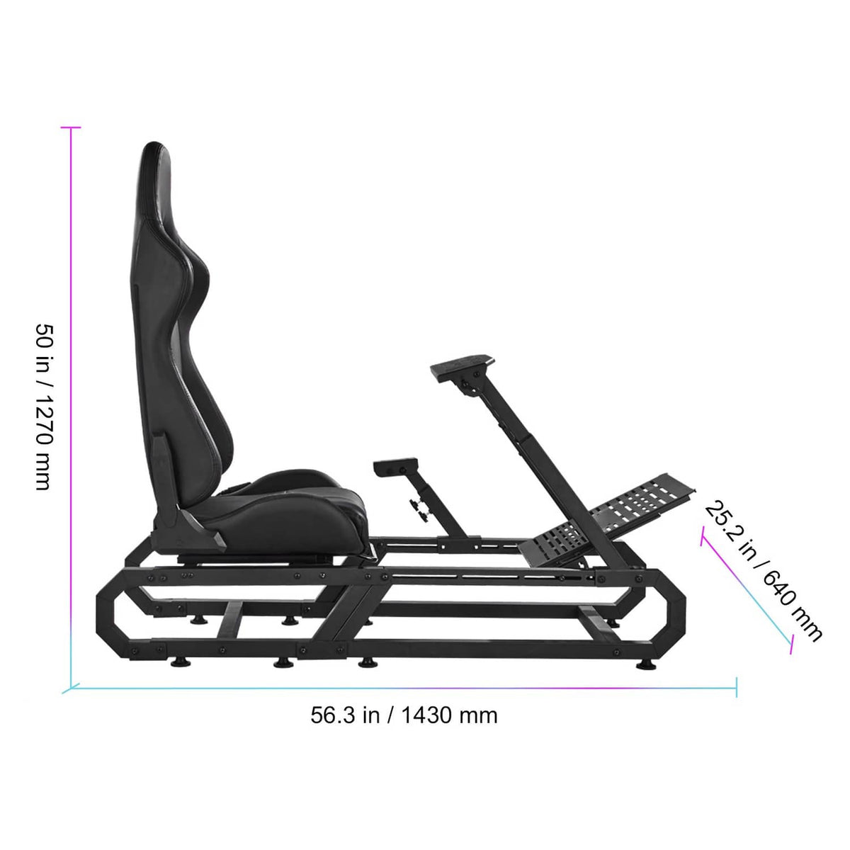 Side view size diagram of a black racing simulator steering wheel stand and seat.