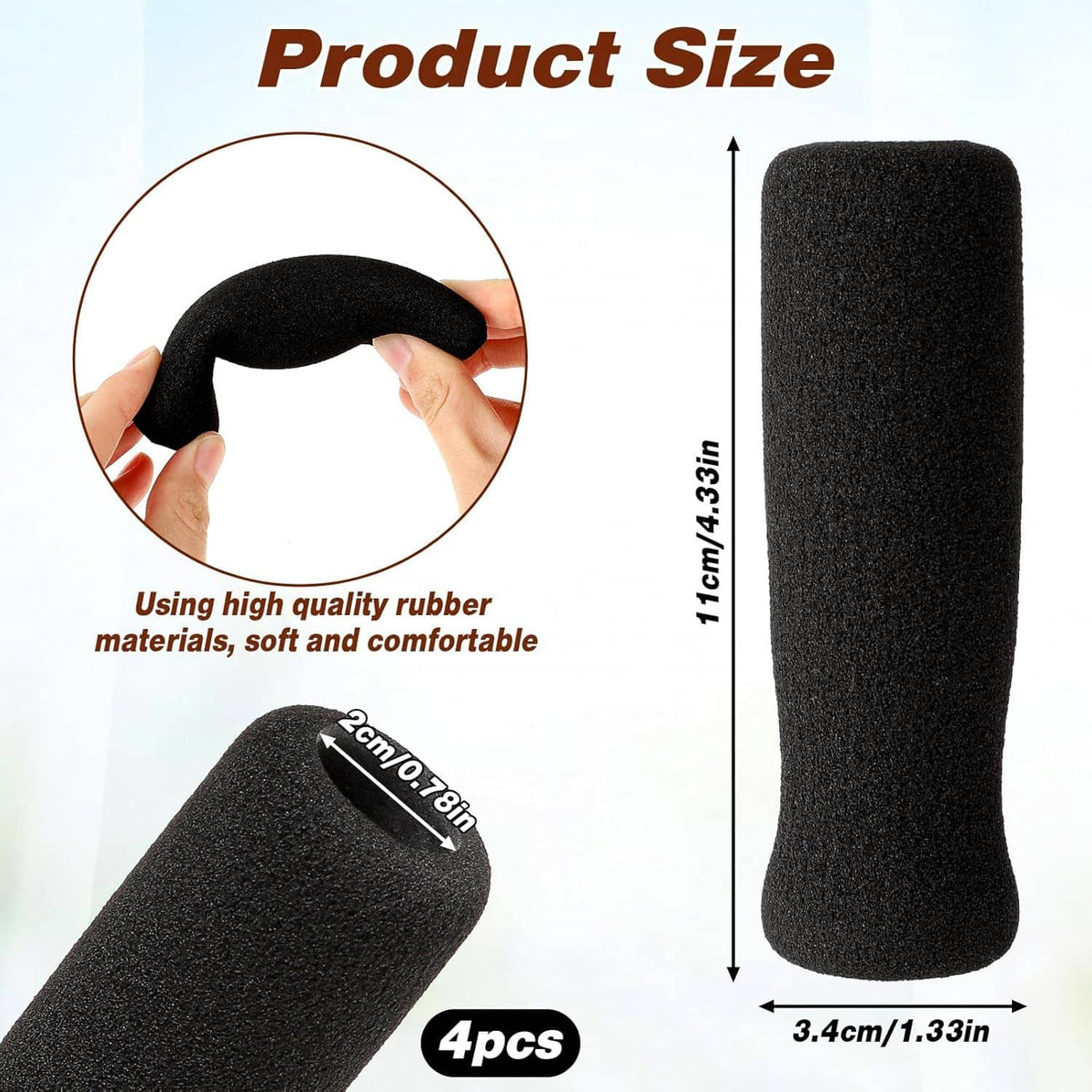 Black foam cane grip sleeve with size dimensions, 4-pack