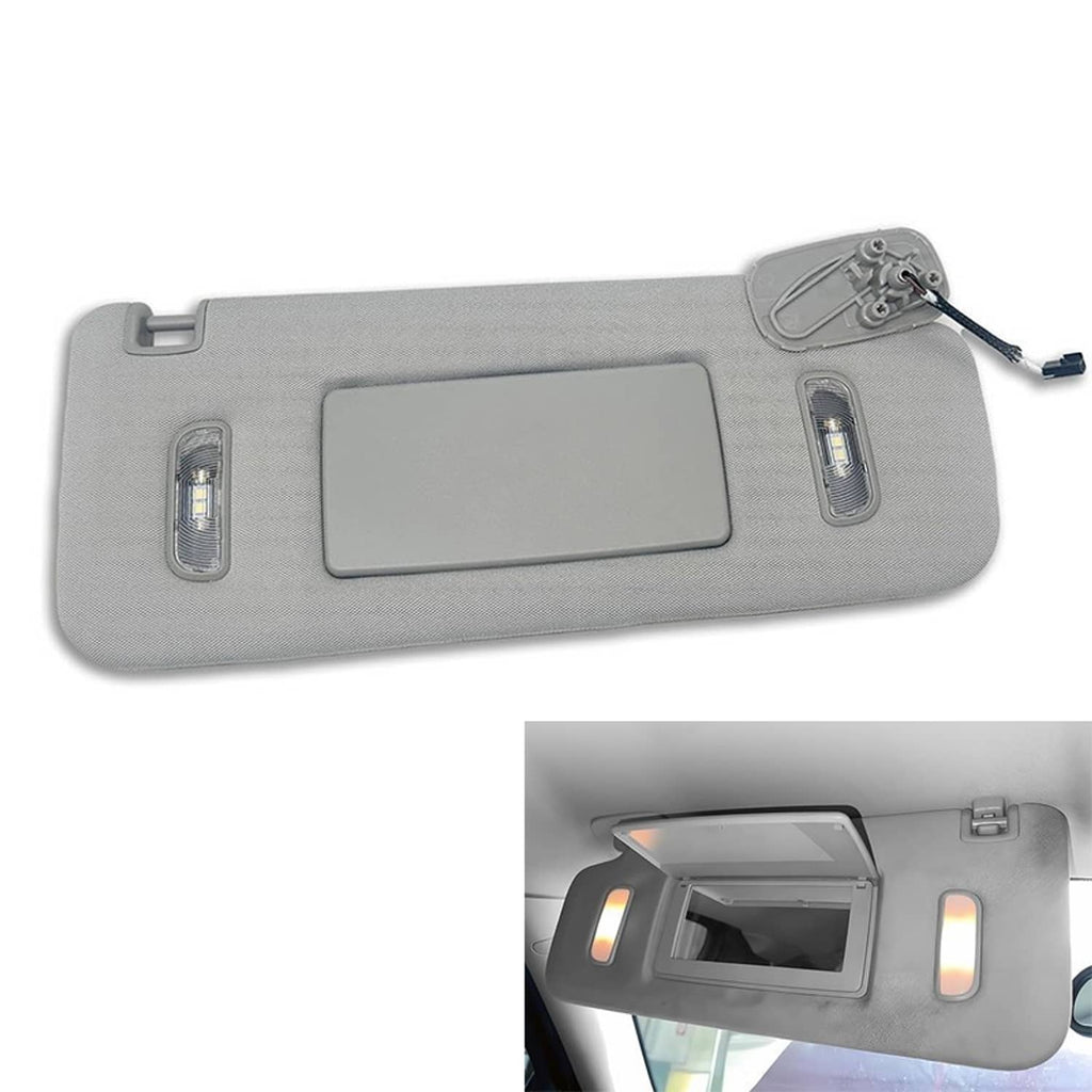Right-side car sun visor, gray fabric with mirror assembly and LED light strips