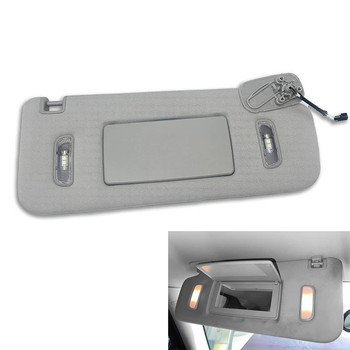Right-side car sun visor, gray fabric with mirror assembly and LED light strips
