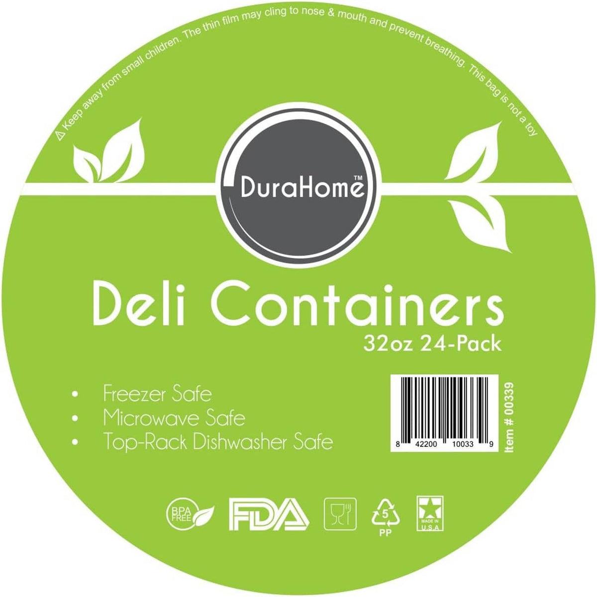 DuraHome Deli Containers 32 oz 24-pack label on green background for clear food storage