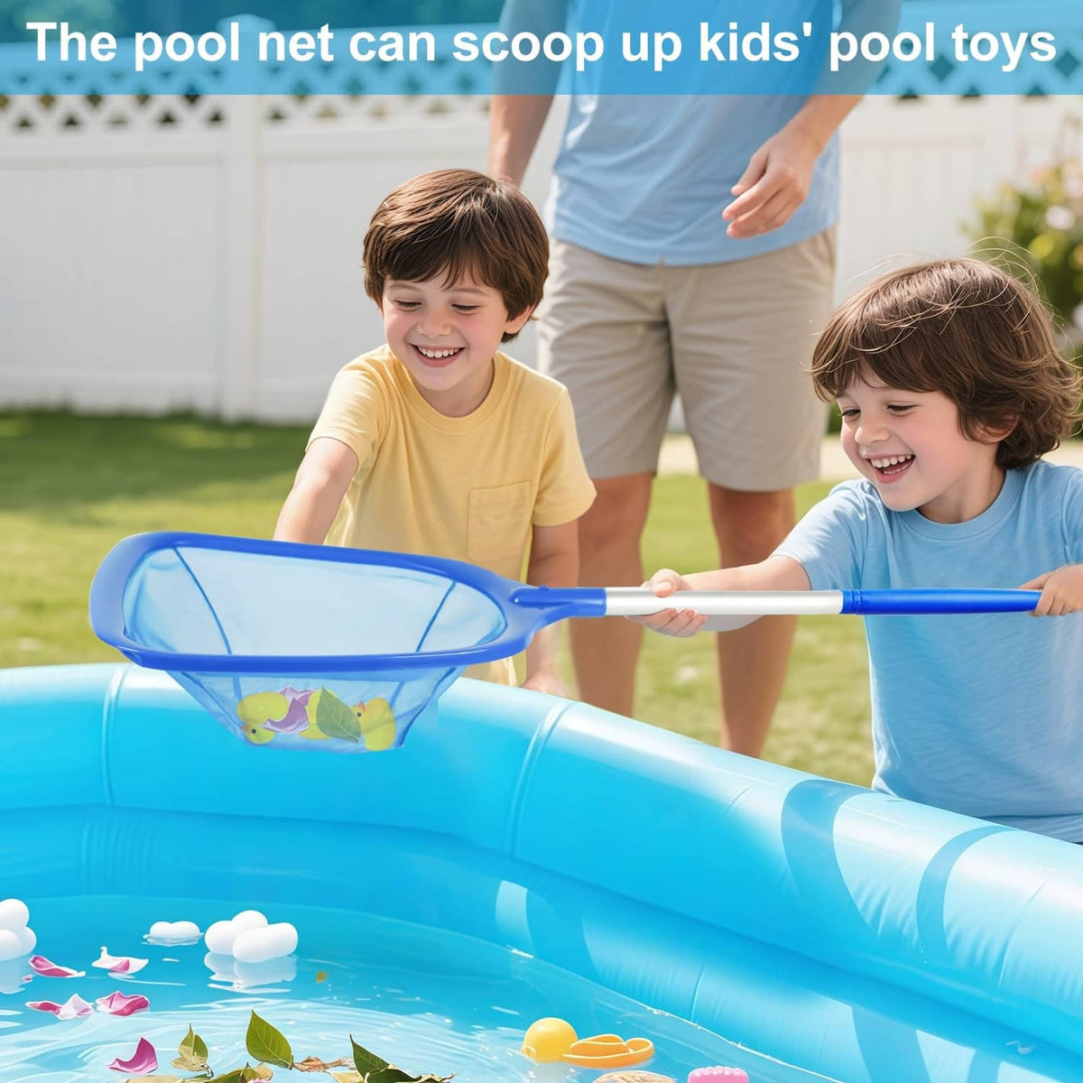 Blue pool skimmer net with fine mesh scoop on a long handle