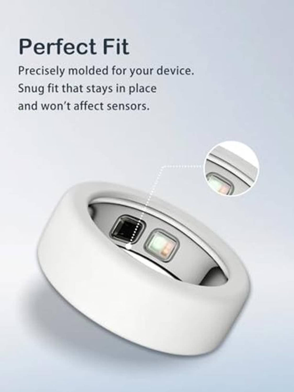White silicone ring case, close-up of fitted opening around smart ring