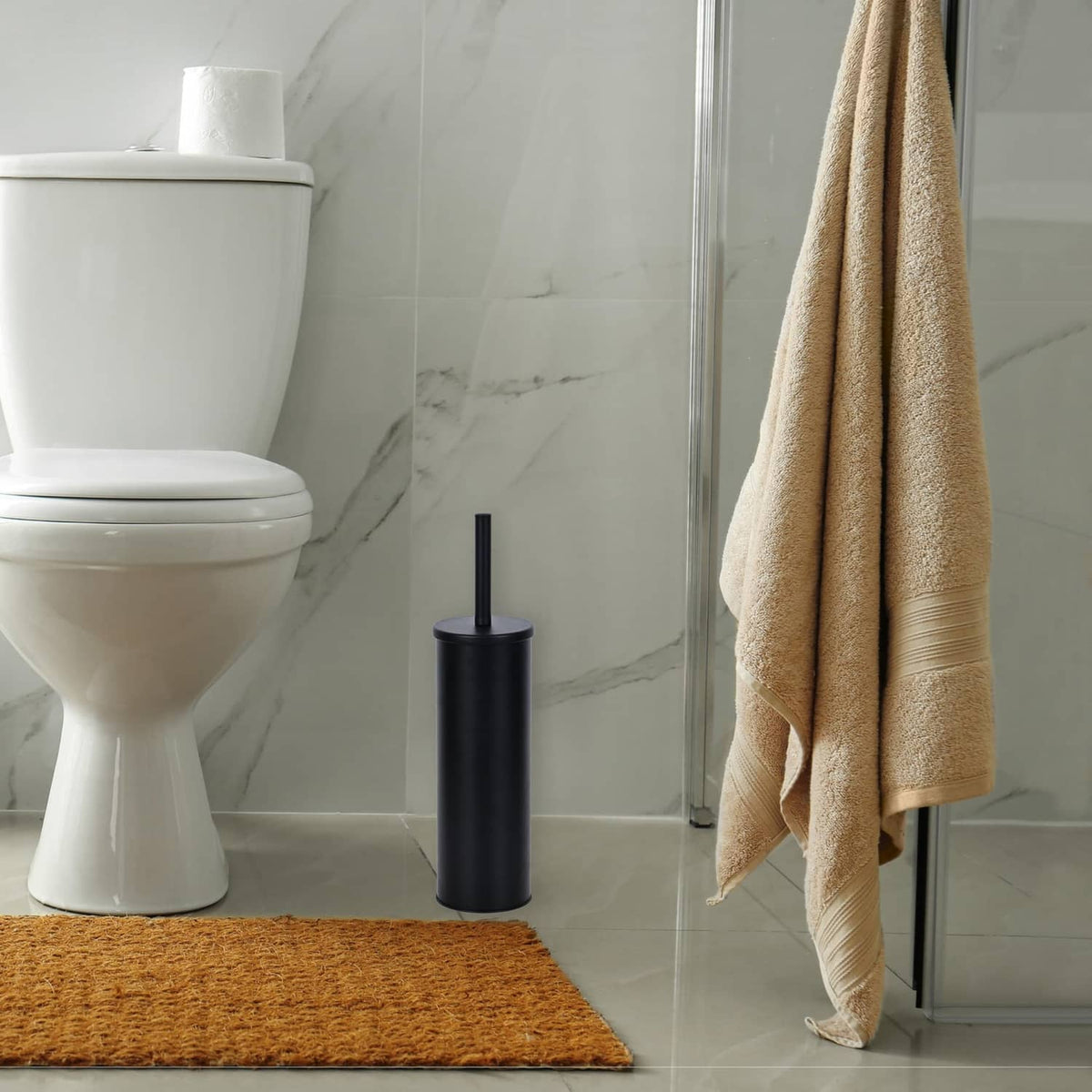 Matte black toilet plunger with cylindrical holder, standing upright with rod