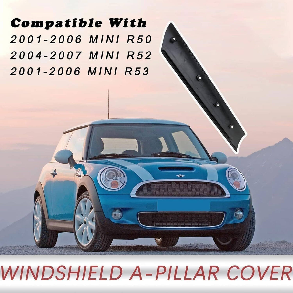 Black windshield A-pillar trim post cover for Mini R50 R52 R53, angled with screw points
