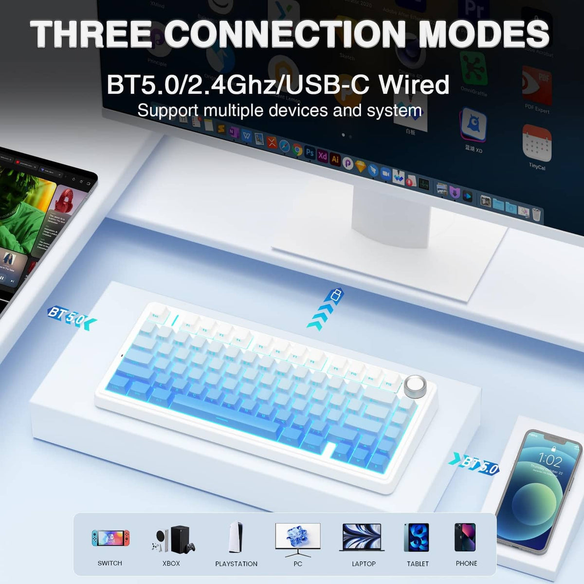 White 75% mechanical keyboard with blue RGB backlight and round control knob