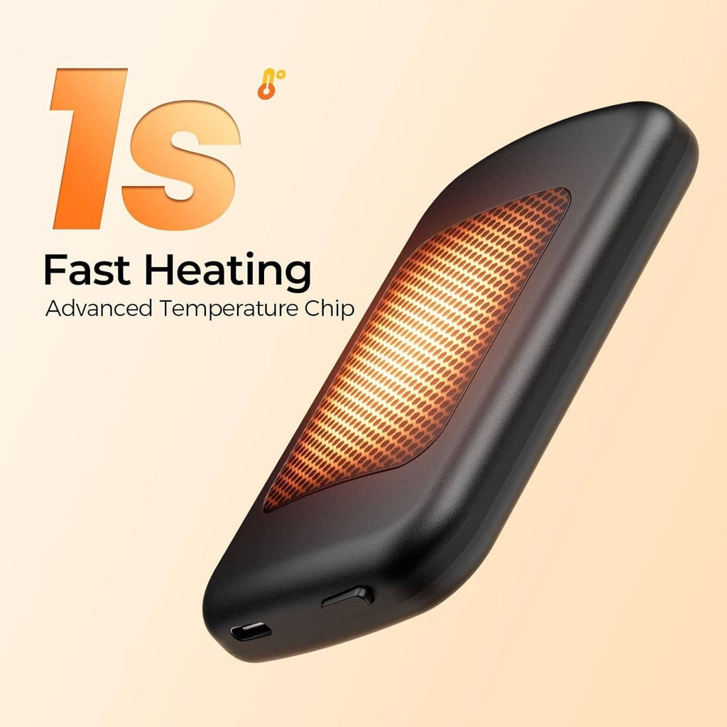 Black rechargeable hand warmer with orange heating panel in an angled view