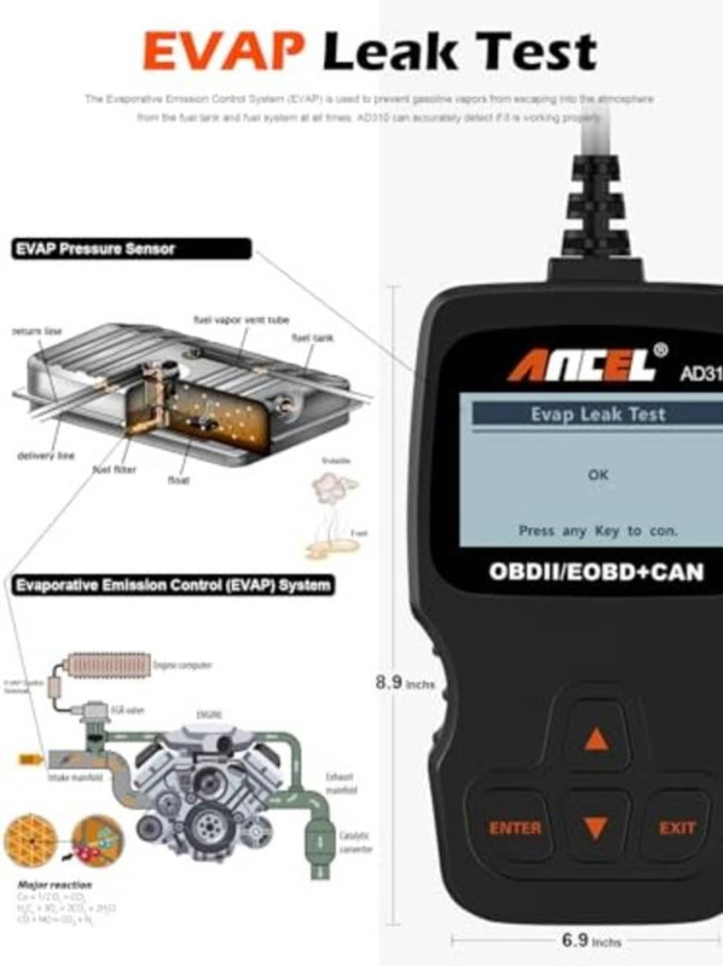 ANCEL AD310 OBD II scanner showing EVAP leak test screen with sensor diagram