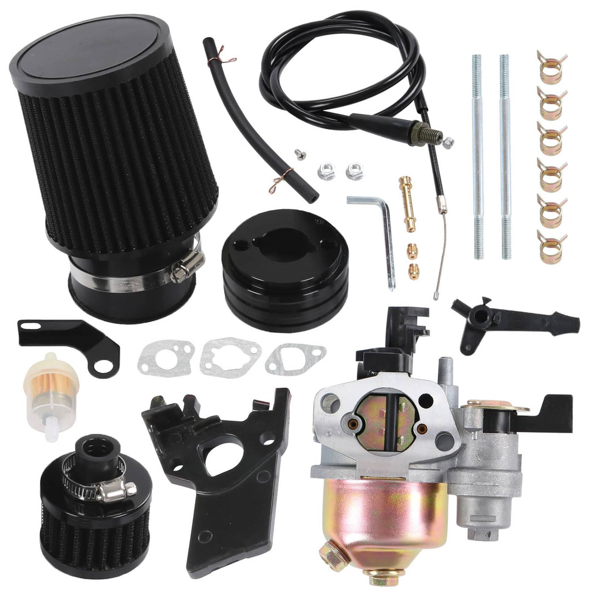 Carburetor air filter adapter kit with black air filter, hoses, jets, clamps and gaskets