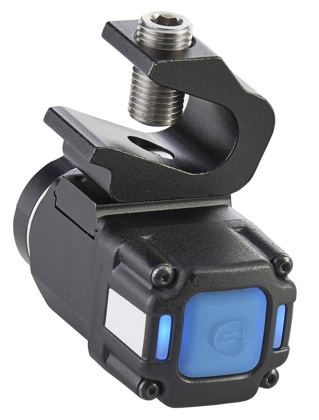 Black clip-on flashlight with mounting hardware and blue side button