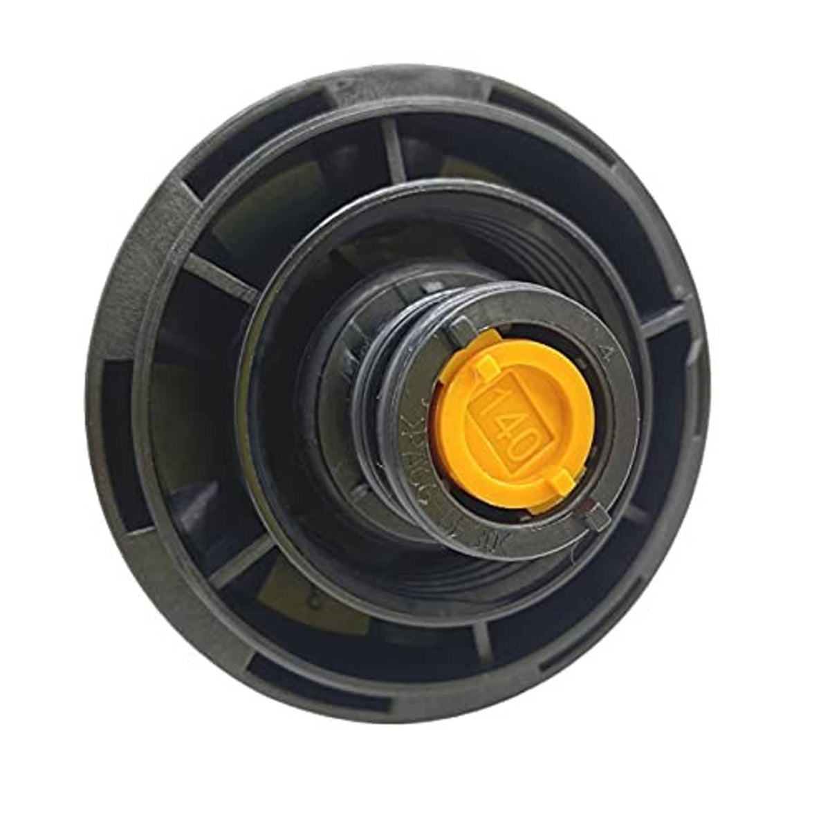 Expansion tank cap close-up with yellow 140 insert and dark grey mounting ring