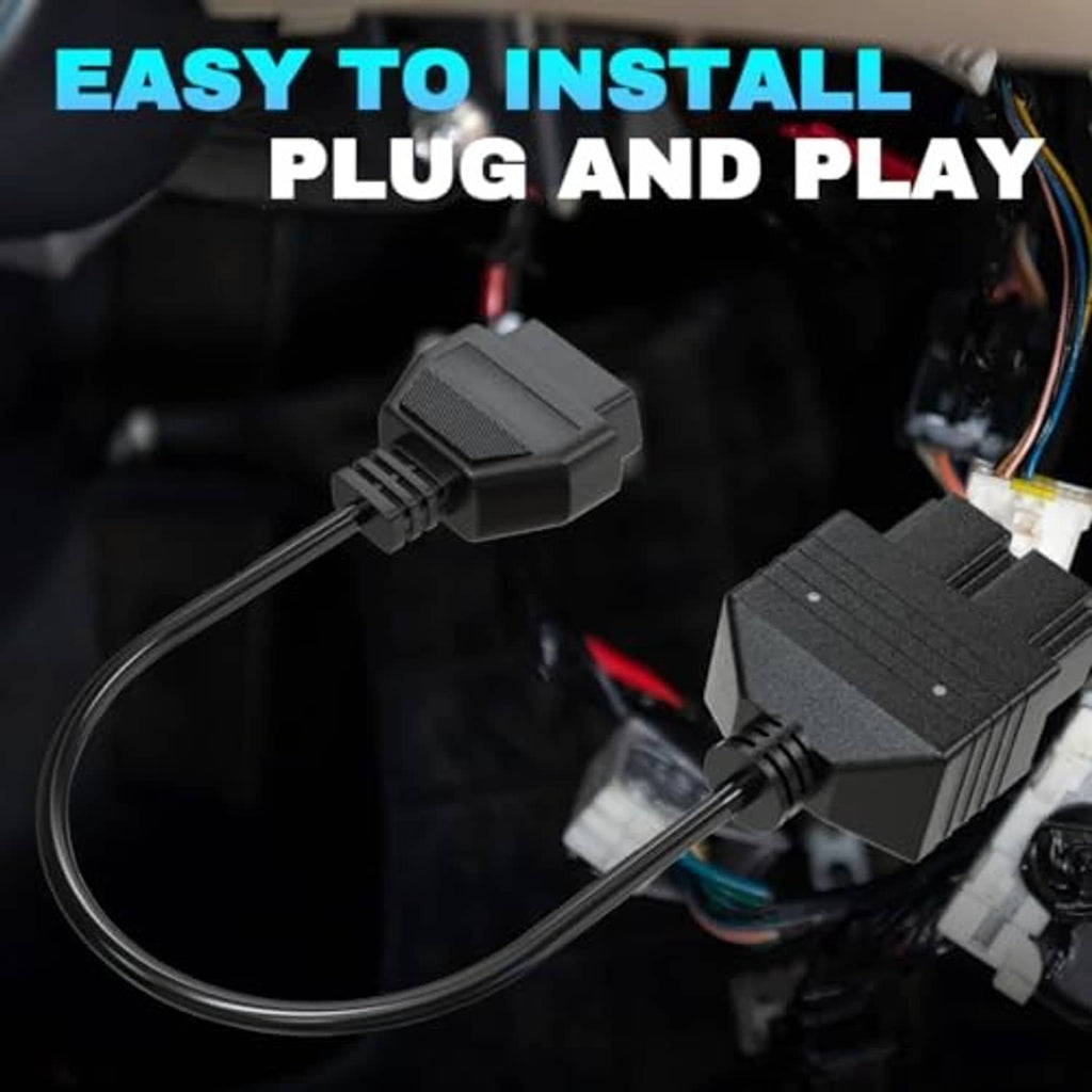 OBD1 to OBD2 adapter cable with black connectors and attached wire leads, ready to plug