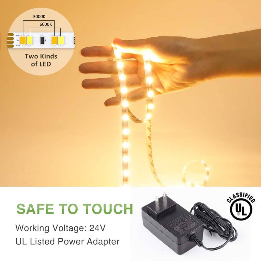 Hand holding illuminated LED strip section with power adapter attached