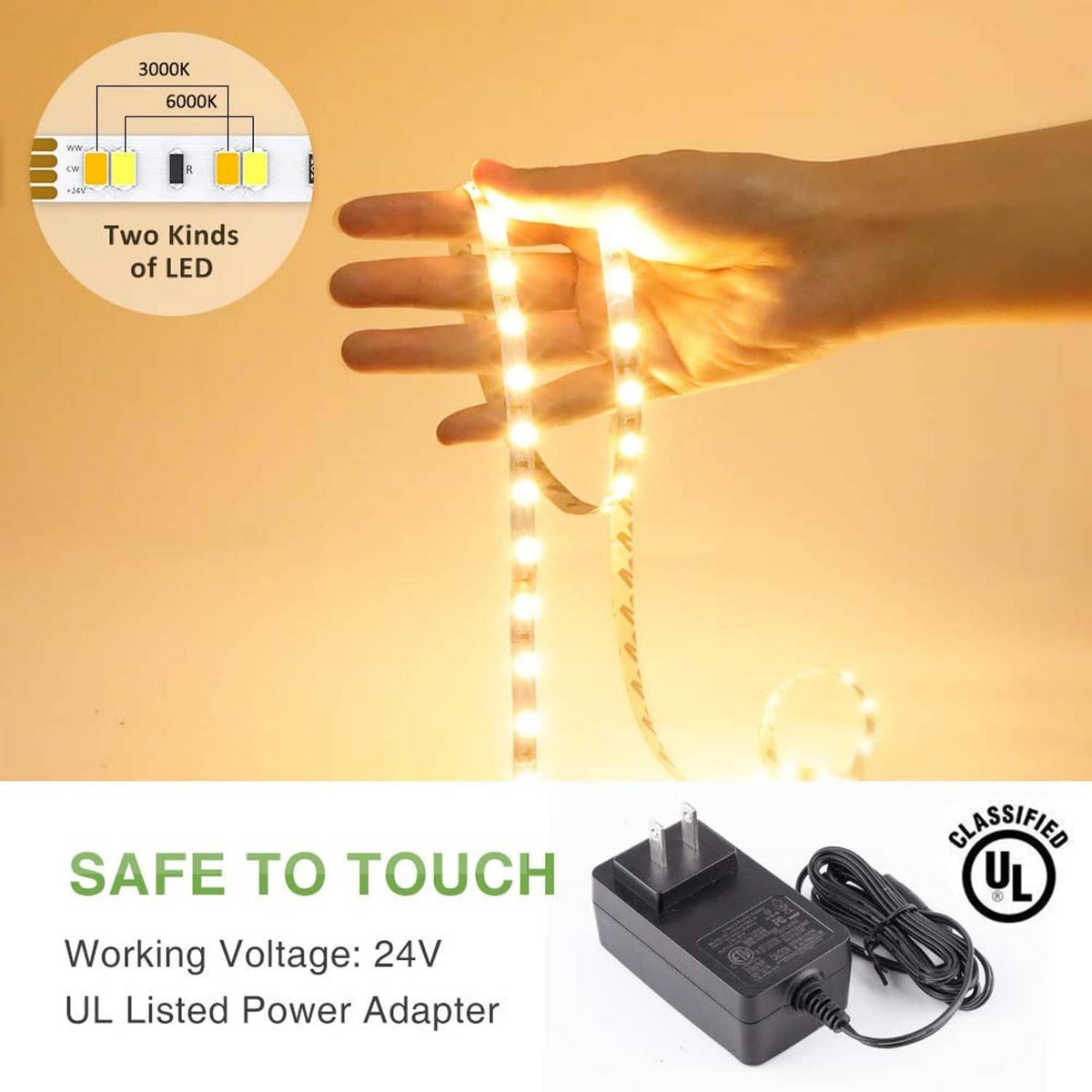 Hand holding illuminated LED strip section with power adapter attached